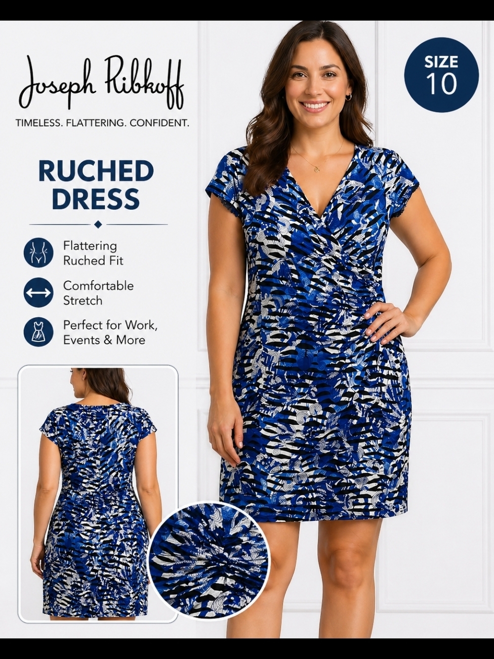 Joseph Ribkoff Blue & Black Abstract Ruched V-Neck Dress Size Medium